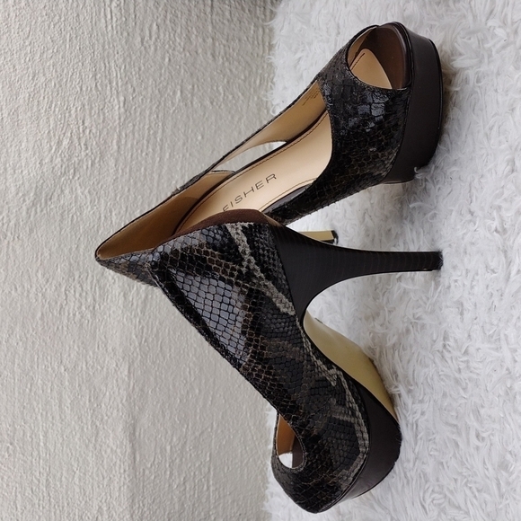 Marc Fisher Tumble Brown Suede Snakeskin Open Toe Slip On Stiletto High Heels - Picture 15 of 16